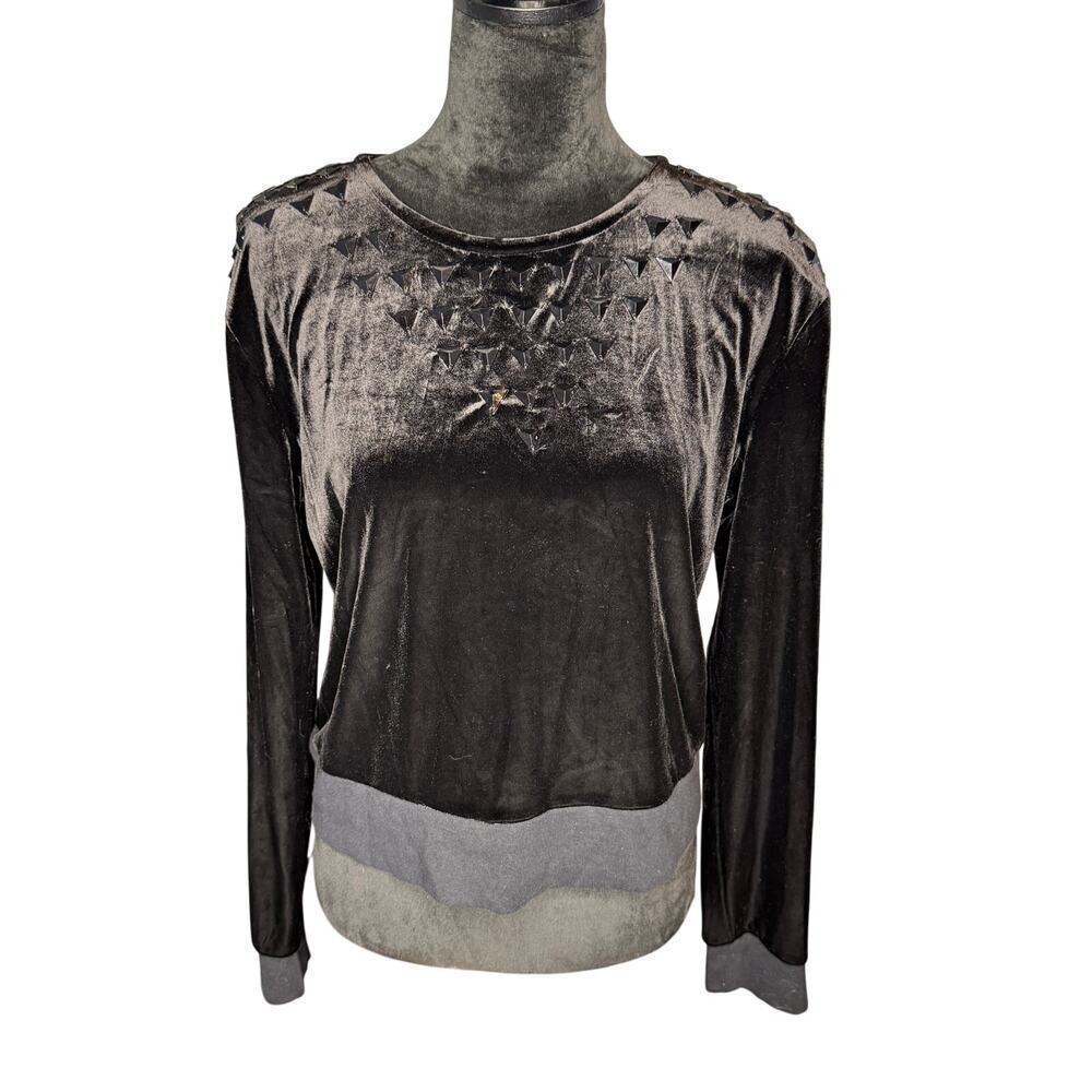 Leith Women's sz Large Black Long Sleeve Velour Velvet Holiday Blouse Top Stones